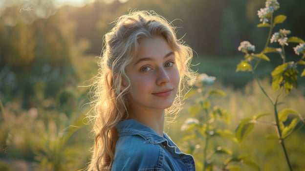 young woman with blond hair looking at camera photo