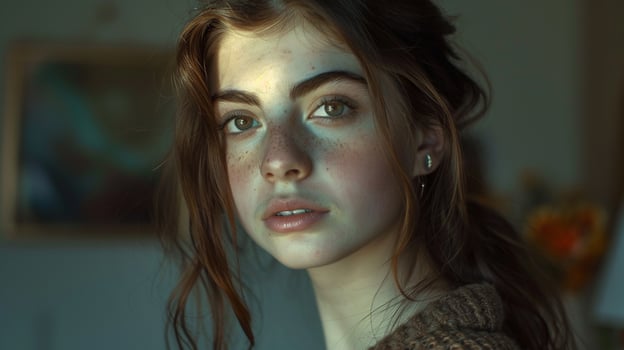 young woman with brown hair looking at camera photo