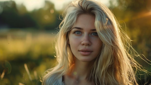 young woman with long blond hair looking at camera photo