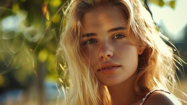 young woman with long blond hair looking at camera photo