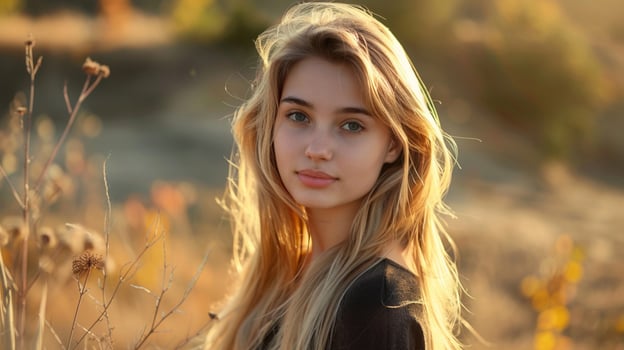 young woman with long blond hair looking at camera photo