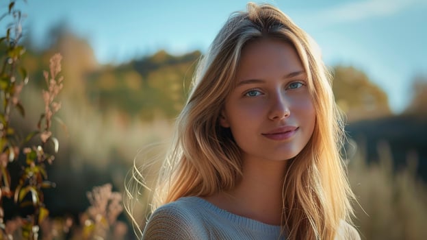 young woman with long blond hair looking at camera photo