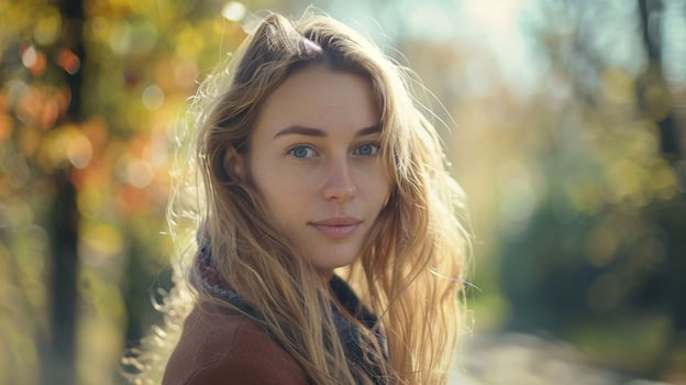 young woman with long blond hair looking at camera photo