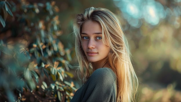 young woman with long blond hair looking at camera photo