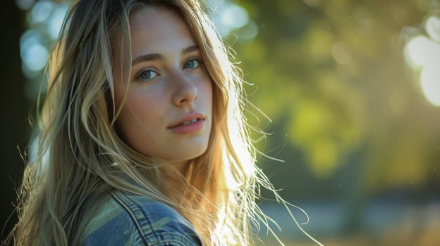 young woman with long blond hair looking at camera photo