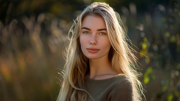 young woman with long blond hair looking at camera photo