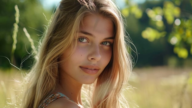 young woman with long blond hair looking at camera photo