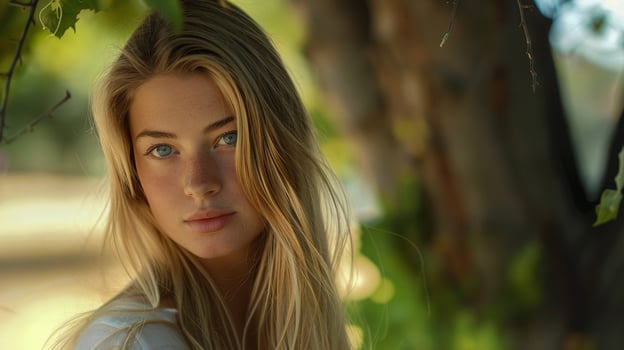 young woman with long blond hair looking at camera photo