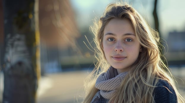 young woman with long blond hair looking at camera photo