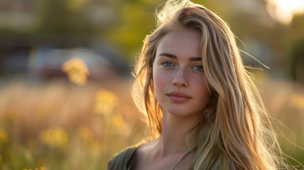 young woman with long blond hair looking at camera photo