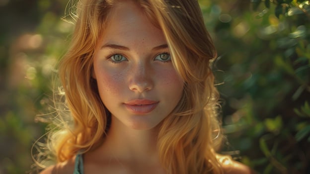 young woman with long blond hair looking at camera photo
