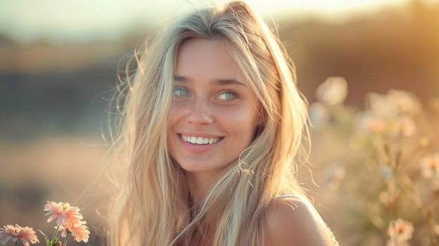 young woman with long blond hair smiling photo