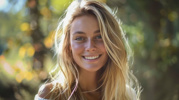 young woman with long blond hair smiling photo