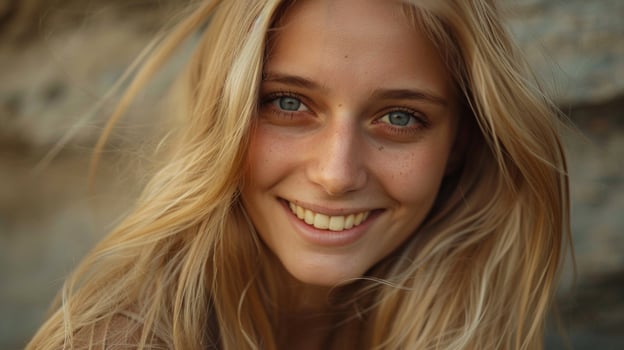 young woman with long blond hair smiling photo