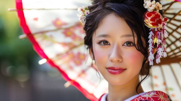 Young woman in traditional Japanese attire. Beautiful young woman in a colorful kimono holding a red parasol, traditional Japanese attire. . photo