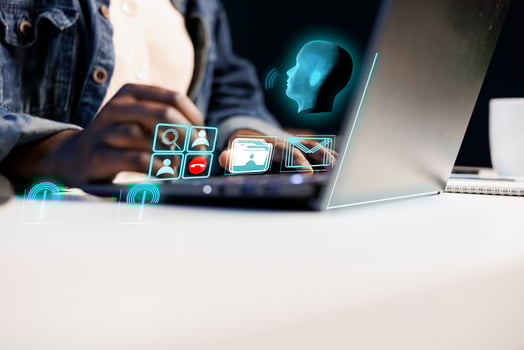Person typing on laptop keyboard, doing tasks on internet at home, accessing digital information concept, close up. Technology user working with AR tech, app icons visualization photo