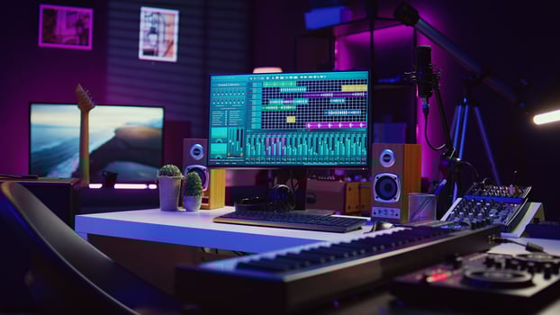 Empty studio at home equipped with mixing soundboard panel and other musical instruments, music industry recording. Modern space with electronic controls and daw software on pc. Camera B. photo
