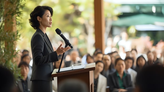 A female politician giving a speech at a podium in front of a cr photo