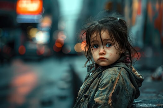 A girl dressed in old clothes on the street of the city. homeless, poor people photo