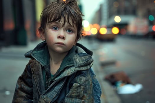 A boy dressed in old clothes on the street of the city. homeless, poor people photo
