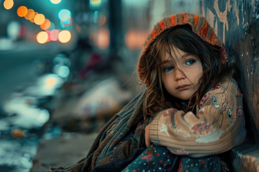 A girl dressed in old clothes on the street of the city. homeless, poor people photo