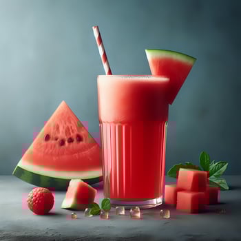 Watermelon juice and several slices of watermelon in studio background photo