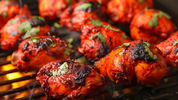 Vibrant and y tandoori chicken boasting a vibrant red hue from its flavorful marinade all while being cooked to perfection in a blazing hot tandoor oven photo