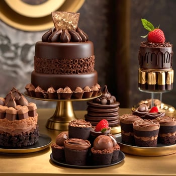 a mouth-watering display of decadent desserts, rich cocoa hues, and indulgent chocolate sculptures. photo