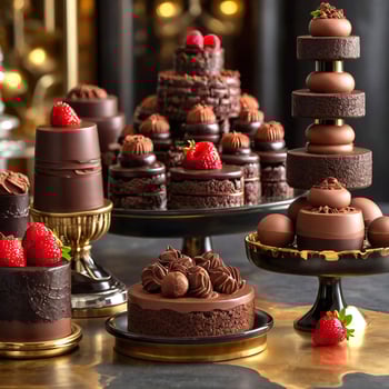 a mouth-watering display of decadent desserts, rich cocoa hues, and indulgent chocolate sculptures. photo