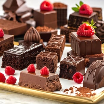 a mouth-watering display of decadent desserts, rich cocoa hues, and indulgent chocolate sculptures. photo