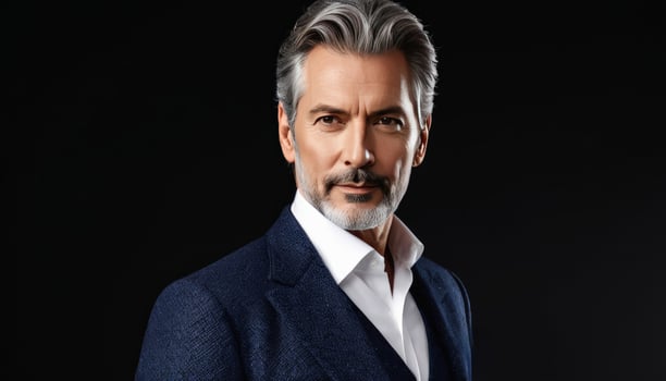 Mature businessman with grey hair and beard, wearing a suit on a black background, suitable for corporate and Fathers Day themes photo