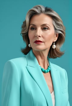 Elegant mature woman with stylish gray hair and turquoise blazer, embodying sophistication and International Womens Day themes, isolated on teal background photo