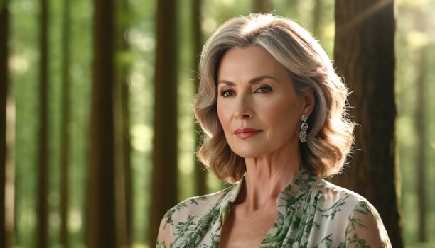 Elegant mature Caucasian woman with flawless skin posing in serene woodland setting, embodying grace and natural beauty perfect for Mothers Day and wellness themes photo