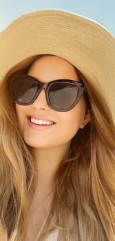 Beauty, summer holiday and fashion, face portrait of happy woman wearing hat and sunglasses by the sea, for sunscreen spf cosmetics and beach lifestyle look photo