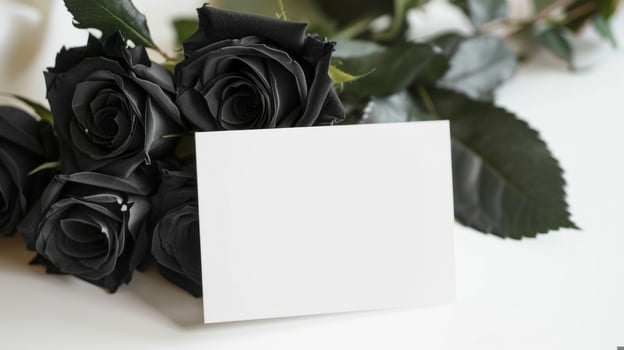 mockup of a white card beside black rose bouquet, soft pastel tones photo