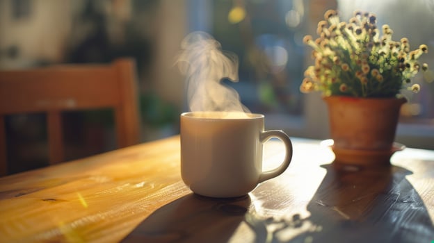freshly brewed herbal tea in a minimalist white mug, steam rising gently photo