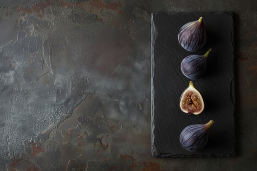 fresh figs on a dark slate board, rich purple hues, gourmet appeal photo