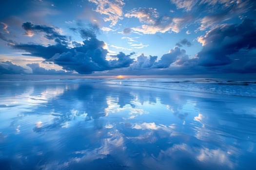 Twilight reflections on serene ocean waves under dramatic sky photo