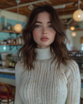 A woman in a warm indoor setting, waering white sweater soft portrait shot cute young woman, gorgeous young model photo