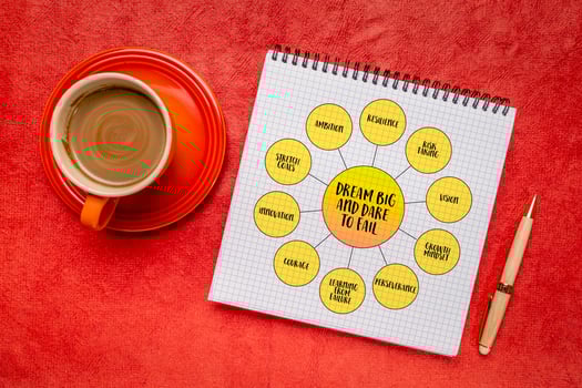 Dream big and dare to fail concept, a philosophy of ambition, resilience, and risk-taking, mind map infographics in a notebook photo