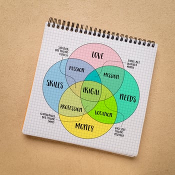 ikigai, interpretation of Japanese lifestyle concept, a reason for being as a balance between love, skills, needs and money, venn diagram in a notebook photo