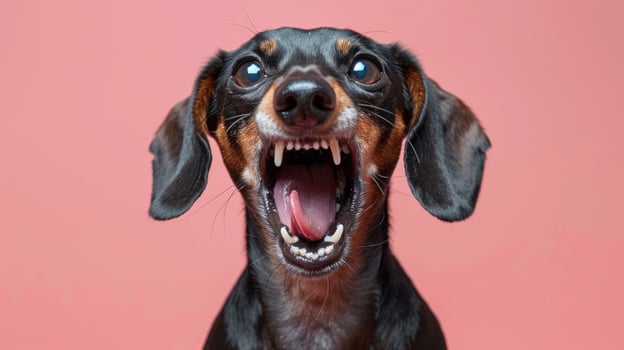 Dachshund, angry dog baring its teeth, studio lighting pastel background photo