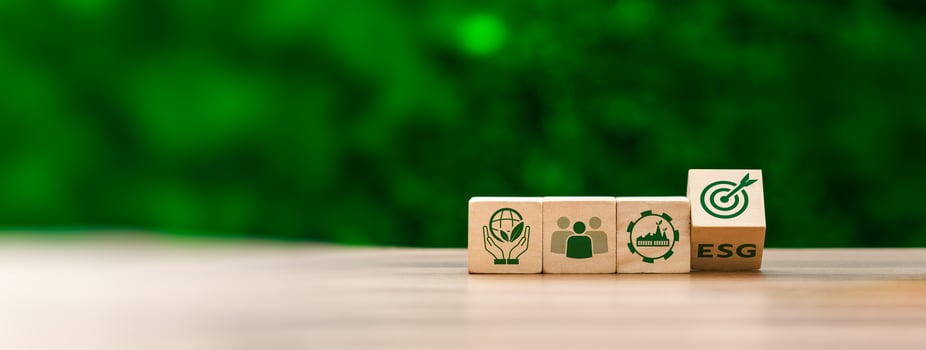 ESG environmental social governance investment business concept. social business strategy, environment, sustainability related risks, Businessman using computer to analyze investment ESG and goal photo