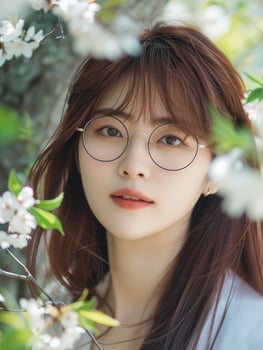 Young Asian woman in a spring blossom setting. Close-up portrait of a young Asian woman wearing round glasses, surrounded by white spring blossoms. . photo