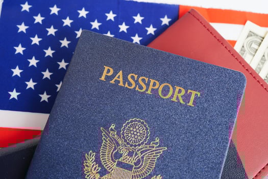 US passport with USA dollar money, American citizen in United States of America. photo