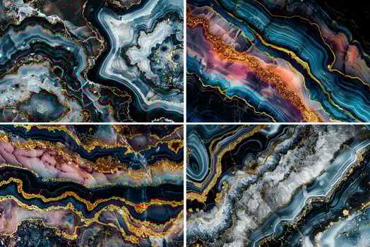 Set of abstract marble backgrounds mineral stone pattern textured with gold, dark blue and purple colors photo
