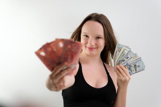 canadian dollars Beautiful girl holding dollars in hands. Isolated on white background. photo