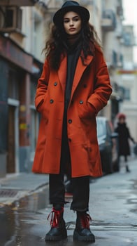 Woman in Red Coat and Hat on Sidewalk. Generative by AI photo