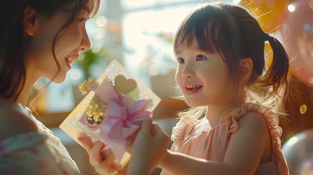 Little Girl Holding Gift for mather. Generative by AI photo