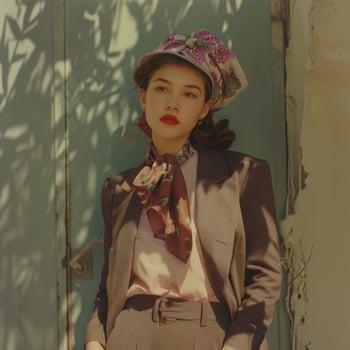 Elegant Young Woman in Stylish Outfit Leaning Against Textured Wall photo